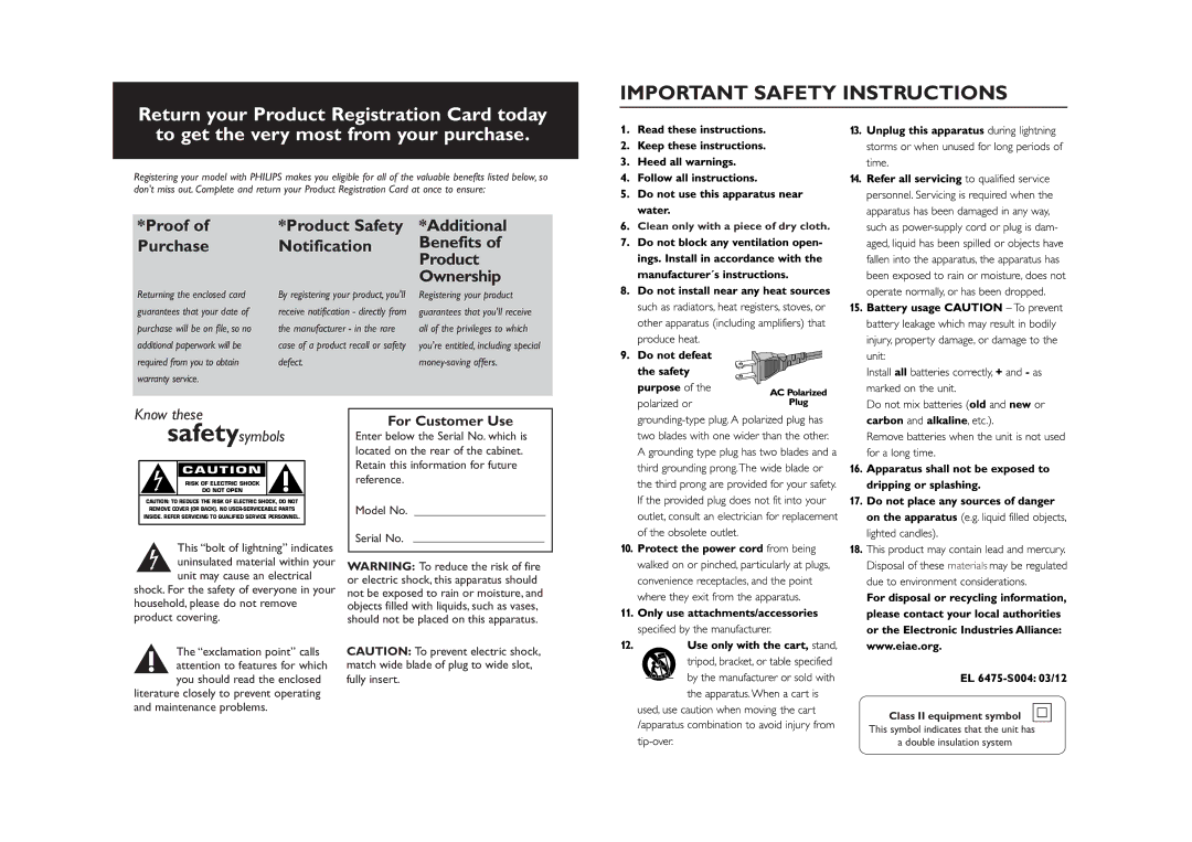 Philips AZ1316/37B manual Important Safety Instructions, For Customer Use, Clean only with a piece of dry cloth 