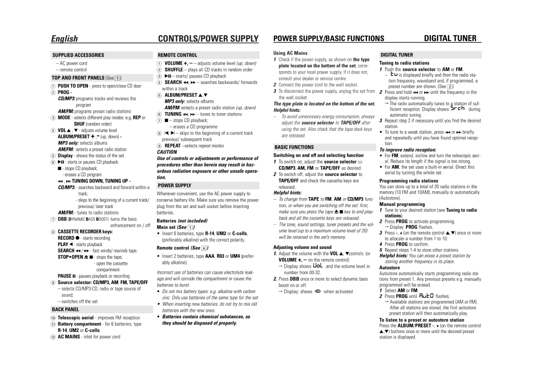 Philips AZ1316/37B manual Batteries not included, Helpful hints, To improve radio reception 