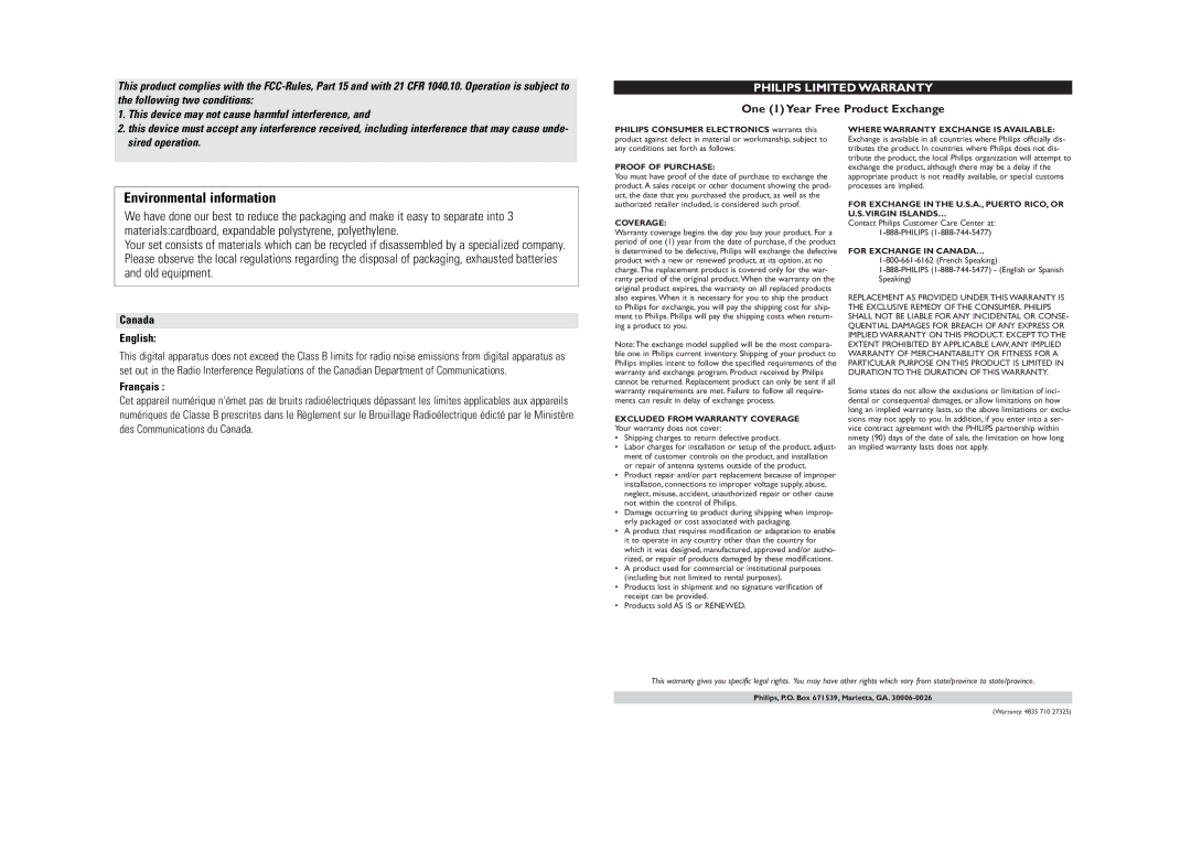 Philips AZ1316/37B Environmental information, One 1 Year Free Product Exchange, Sired operation, Canada English, Français 
