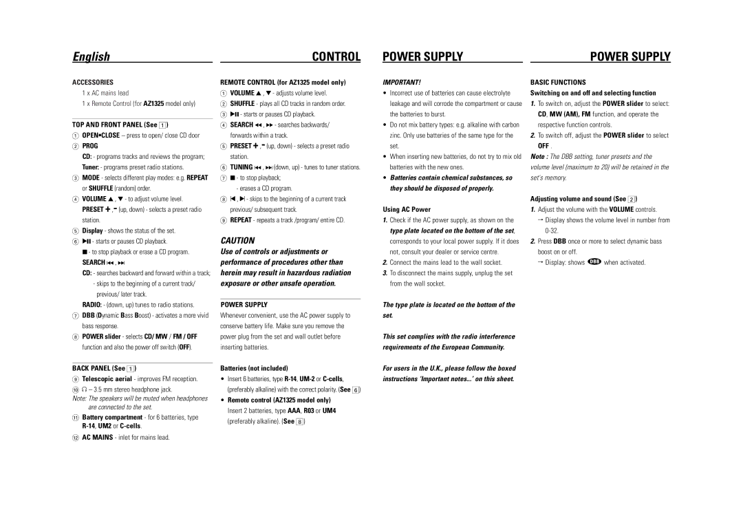 Philips AZ1325 user manual Power Supply, Accessories, Basic Functions 