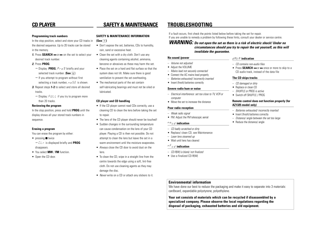 Philips AZ1325 user manual Troubleshooting, Safety & Maintenance Information 