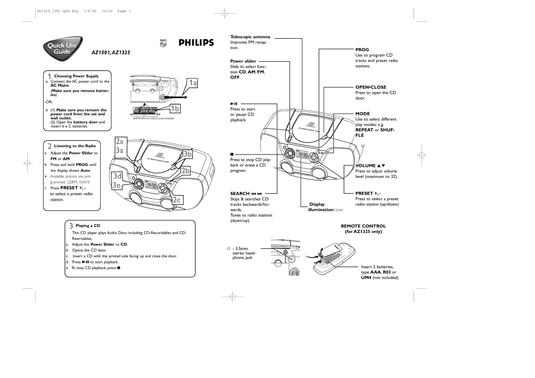 Philips AZ1325/17 manual Quick Use, Guide AZ1301, AZ1325 