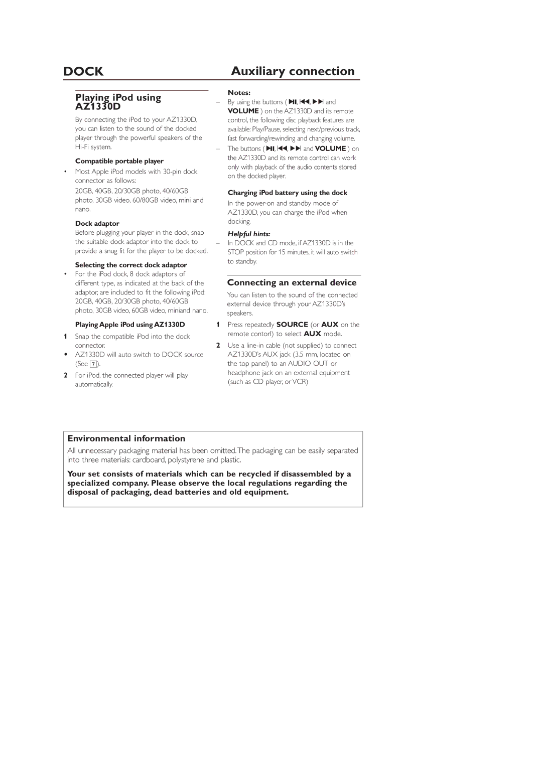 Philips user manual Auxiliary connection, Playing iPod using AZ1330D 