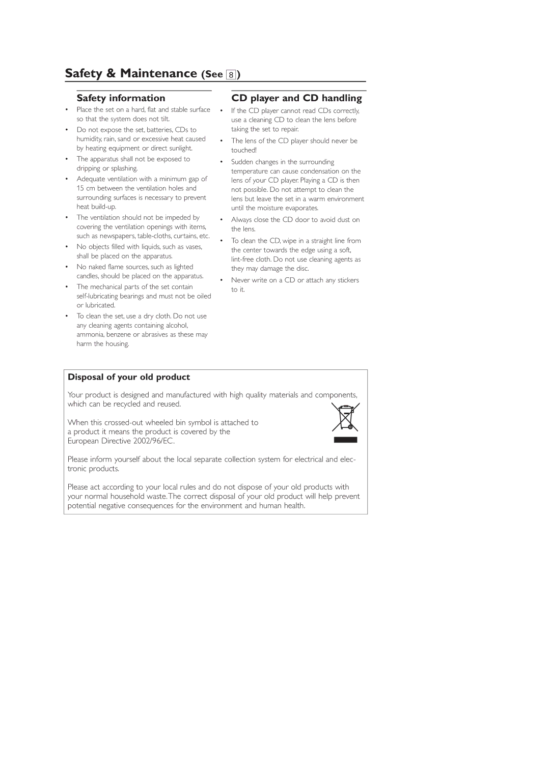 Philips AZ1330 user manual Safety & Maintenance See, Safety information, Always close the CD door to avoid dust on the lens 