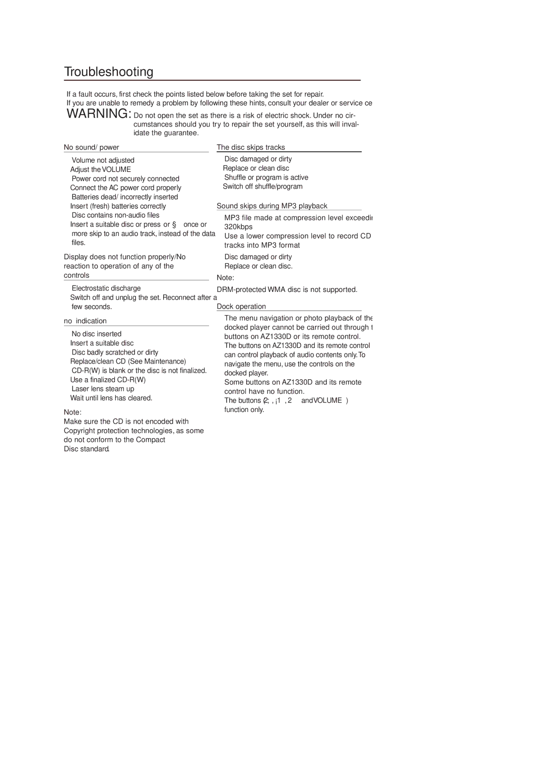 Philips AZ1330 user manual Troubleshooting, Disc standard, DRM-protected WMA disc is not supported 