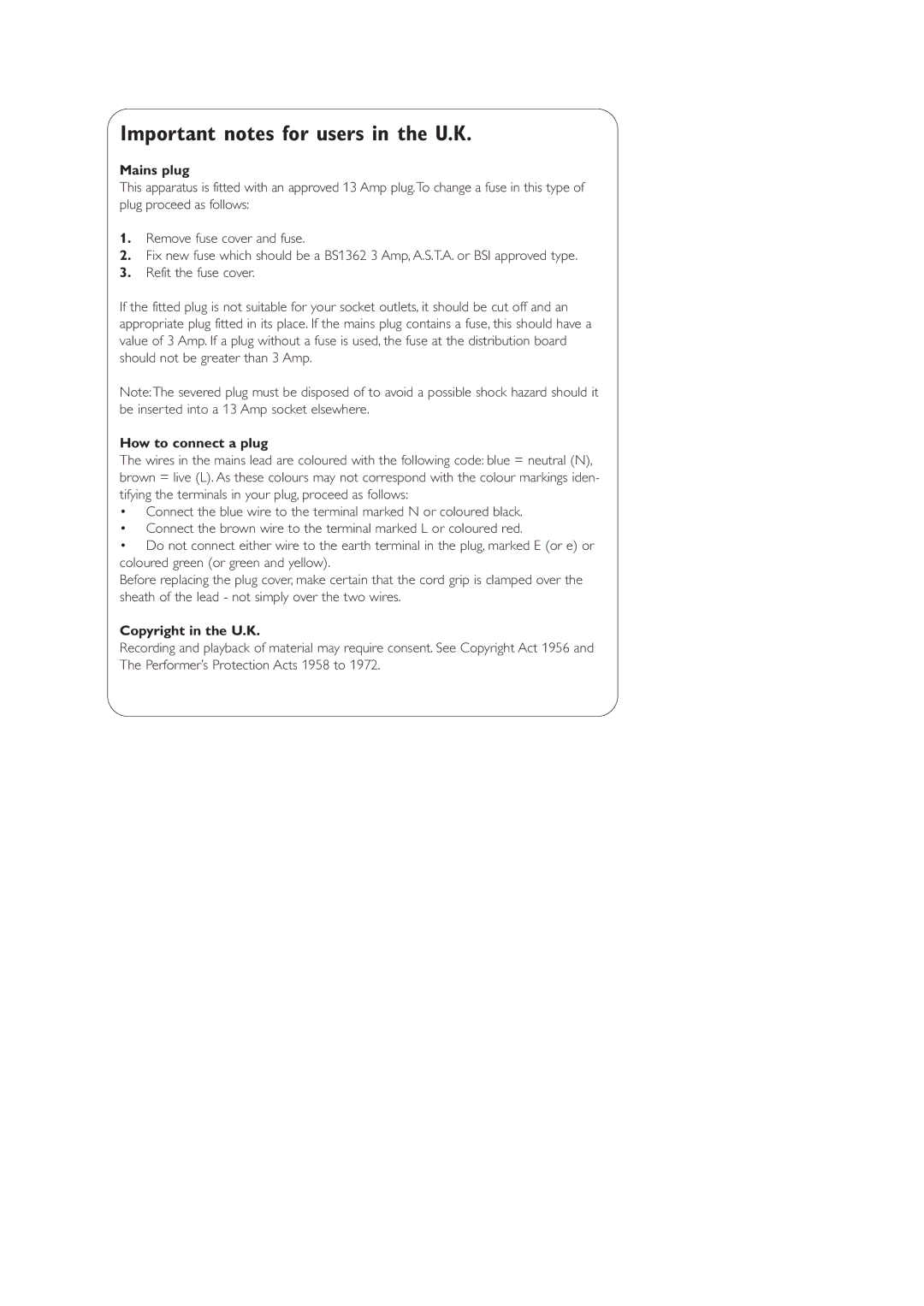 Philips AZ1330 user manual Important notes for users in the U.K, Mains plug 