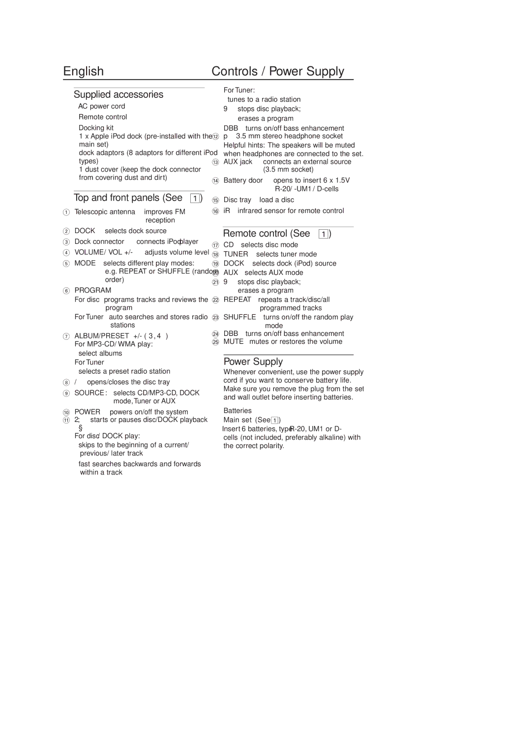 Philips AZ1330 user manual Controls / Power Supply, Supplied accessories, Top and front panels See, Remote control See 