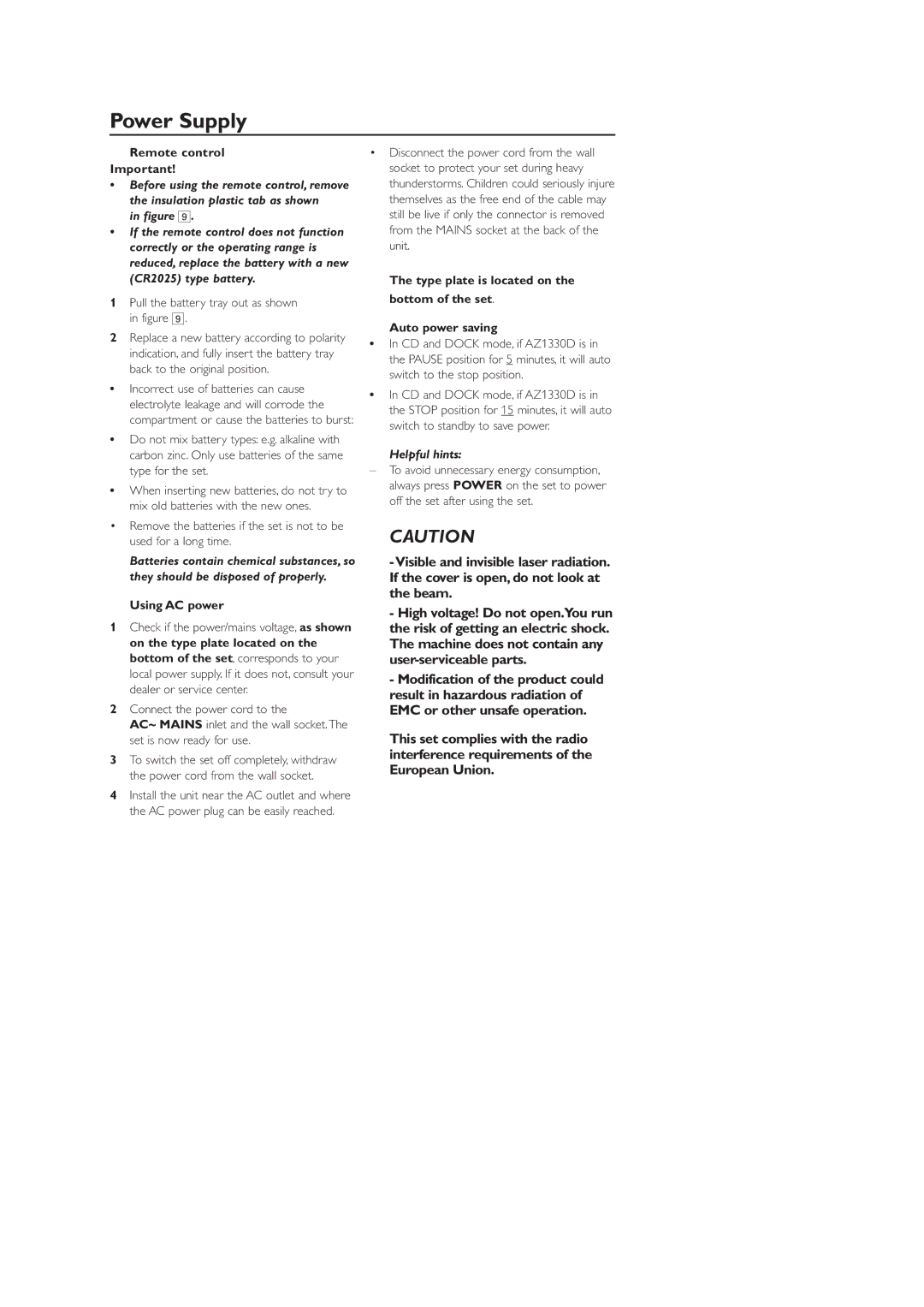 Philips AZ1330 Power Supply, Remote control, Pull the battery tray out as shown in figure, Using AC power, Helpful hints 