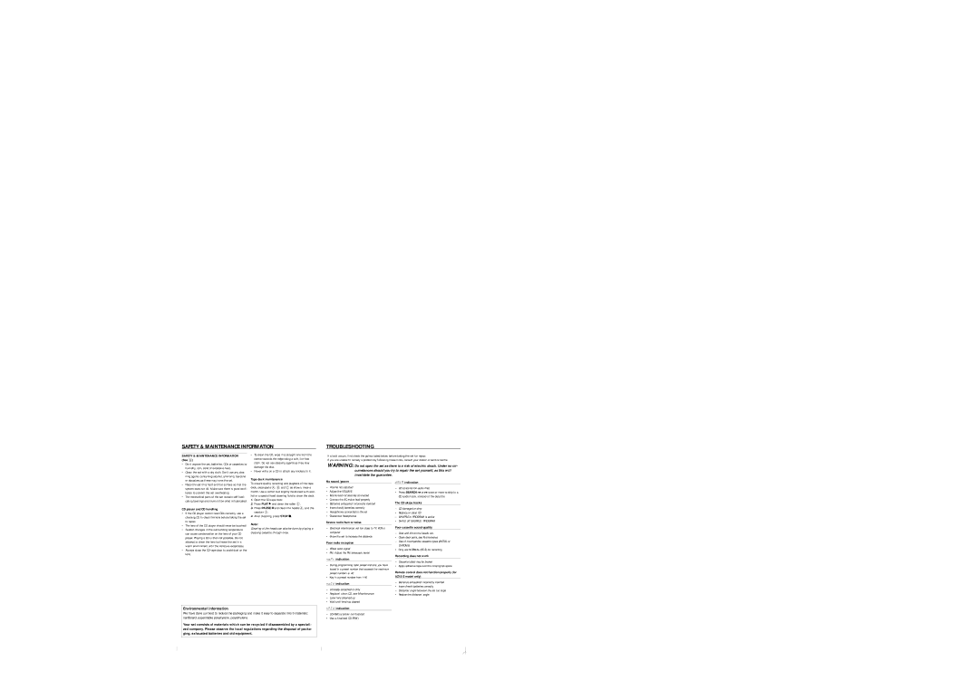 Philips AZ1515, AZ1510 manual Safety & Maintenance Information Troubleshooting 