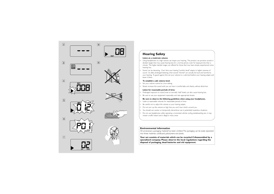 Philips AZ1816 Hearing Safety, Environmental information, Listen at a moderate volume, To establish a safe volume level 