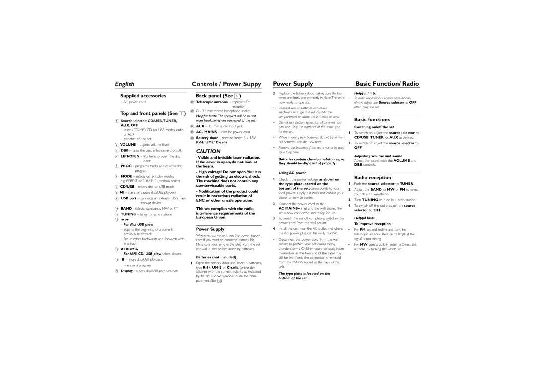 Philips AZ1816 user manual Power Supply, Basic Function/ Radio, Supplied accessories, Top and front panels See 