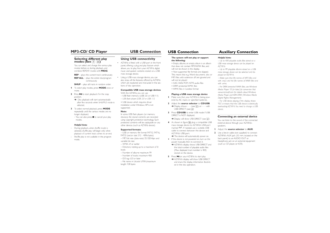 Philips AZ1816 USB Connection, Auxiliary Connection, Selecting different play modes See 7, Using USB connectivity 
