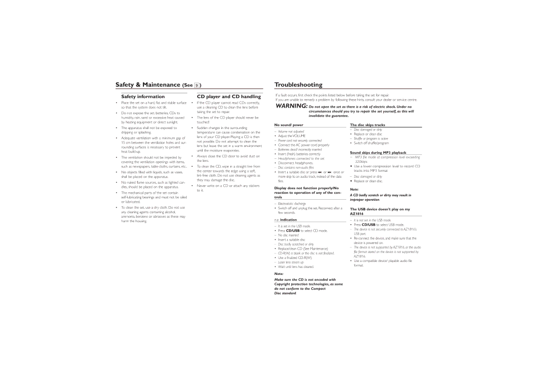 Philips AZ1816 user manual Safety & Maintenance See, Troubleshooting, Safety information, Disc standard 