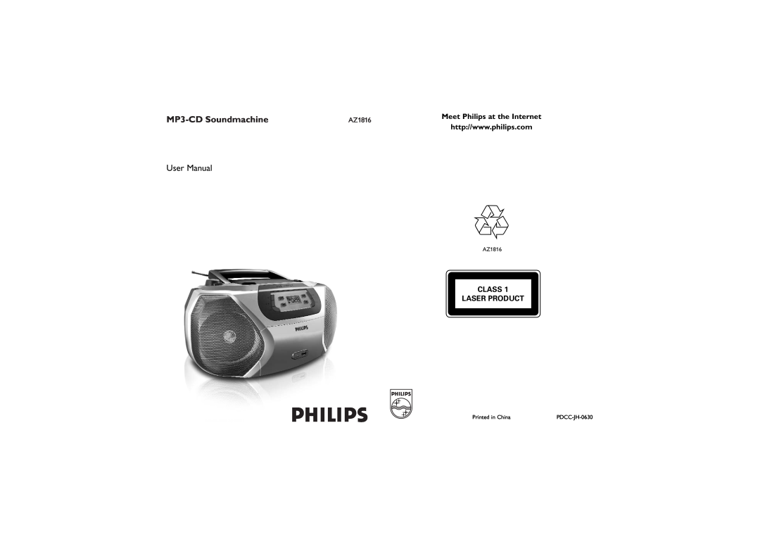 Philips AZ1816 user manual MP3-CDSoundmachine, Meet Philips at the Internet, Class Laser Product 