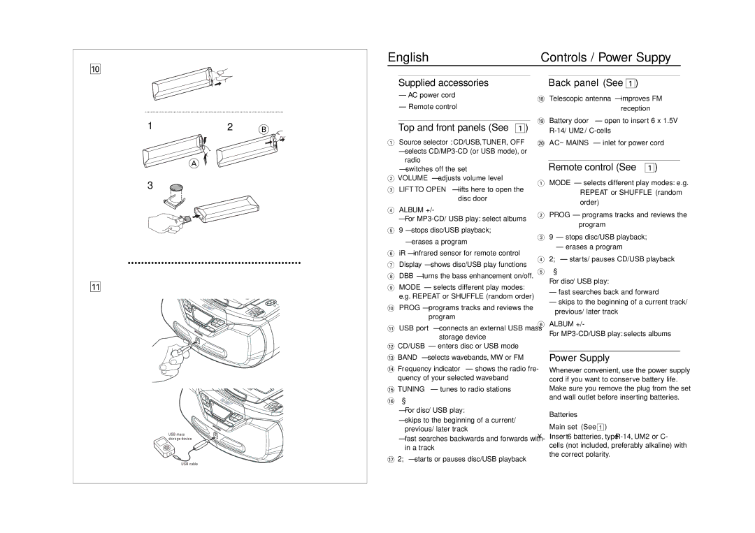 Philips AZ1830 user manual Supplied accessories Back panel See, Remote control See, Power Supply 