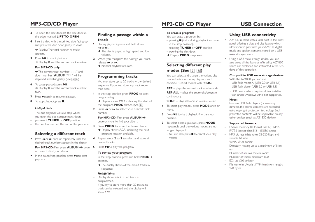 Philips AZ1830 user manual MP3-CD/ CD Player USB Connection 