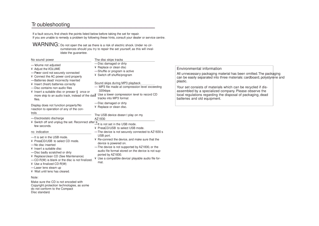 Philips AZ1830 user manual Troubleshooting, Disc standard 