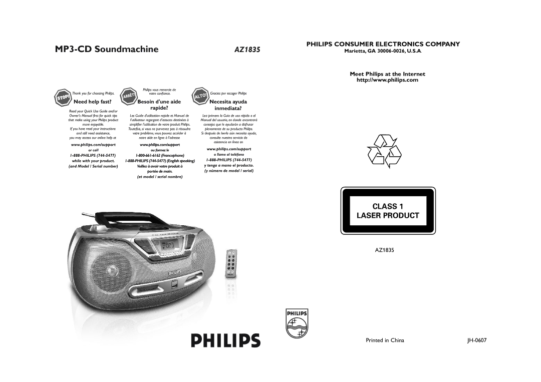 Philips AZ1835 owner manual MP3-CD Soundmachine, Marietta, GA 30006-0026, U.S.A, Necesita ayuda Inmediata?, JH-0607 