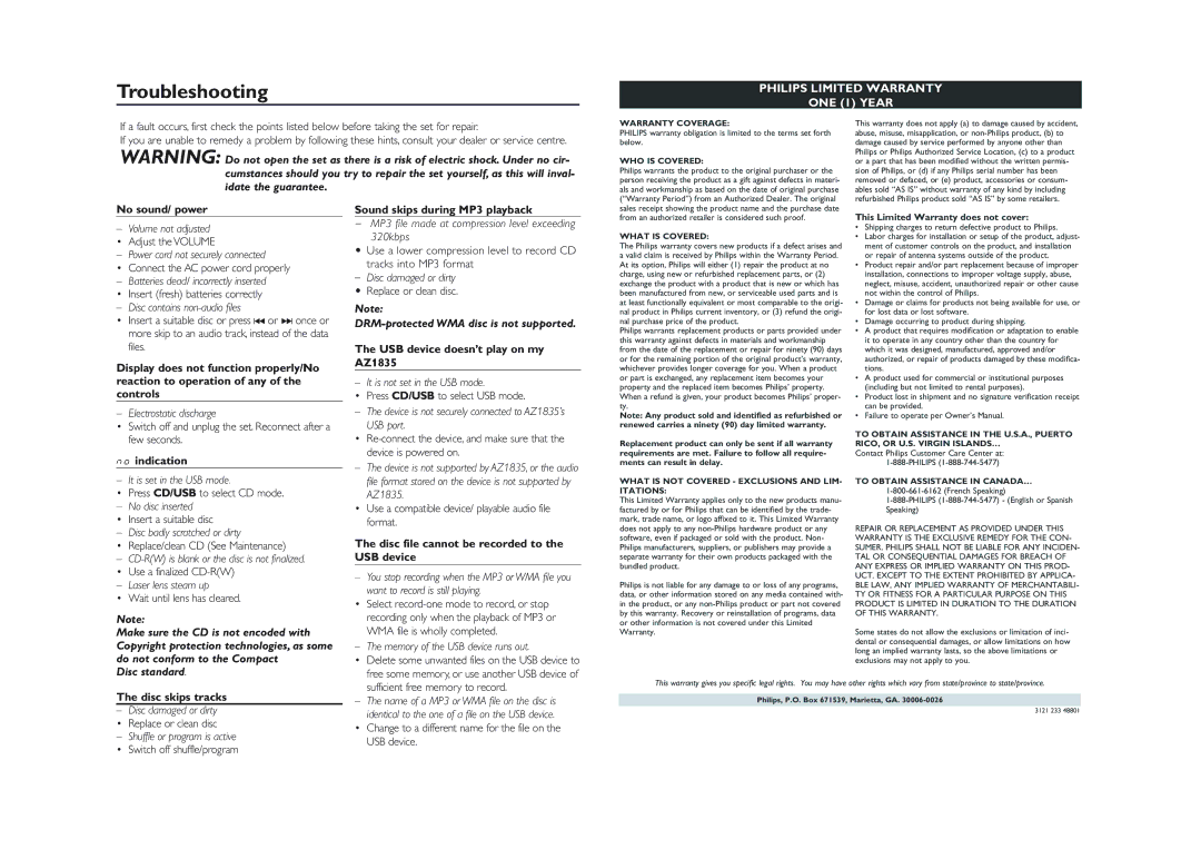 Philips AZ1835 owner manual Troubleshooting 