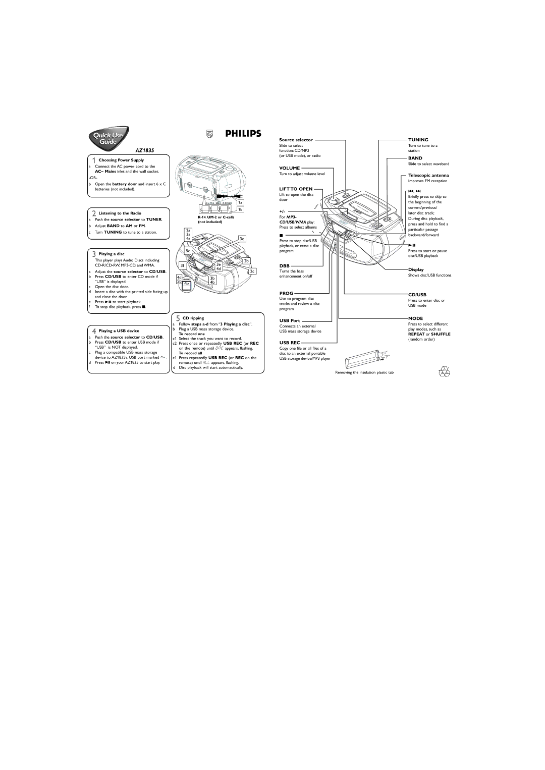 Philips AZ1835/37 manual Volume, Lift to Open, Dbb, Prog, Usb Rec, Tuning, Band, Cd/Usb, Mode 