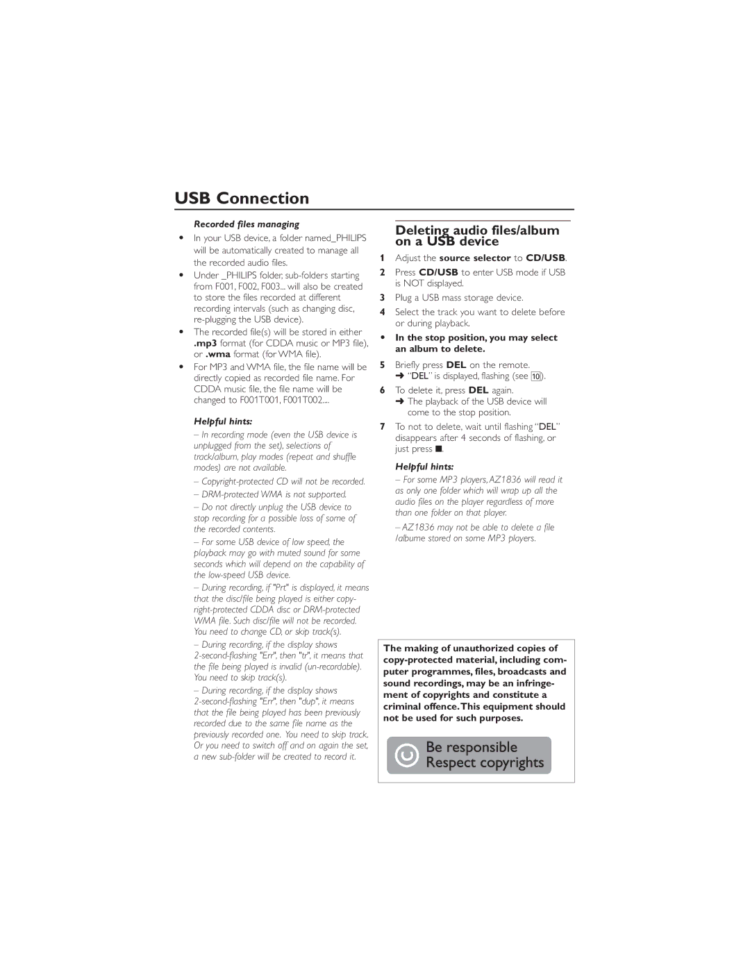Philips AZ1836 Deleting audio files/album on a USB device, Recorded files managing, DRM-protected WMA is not supported 