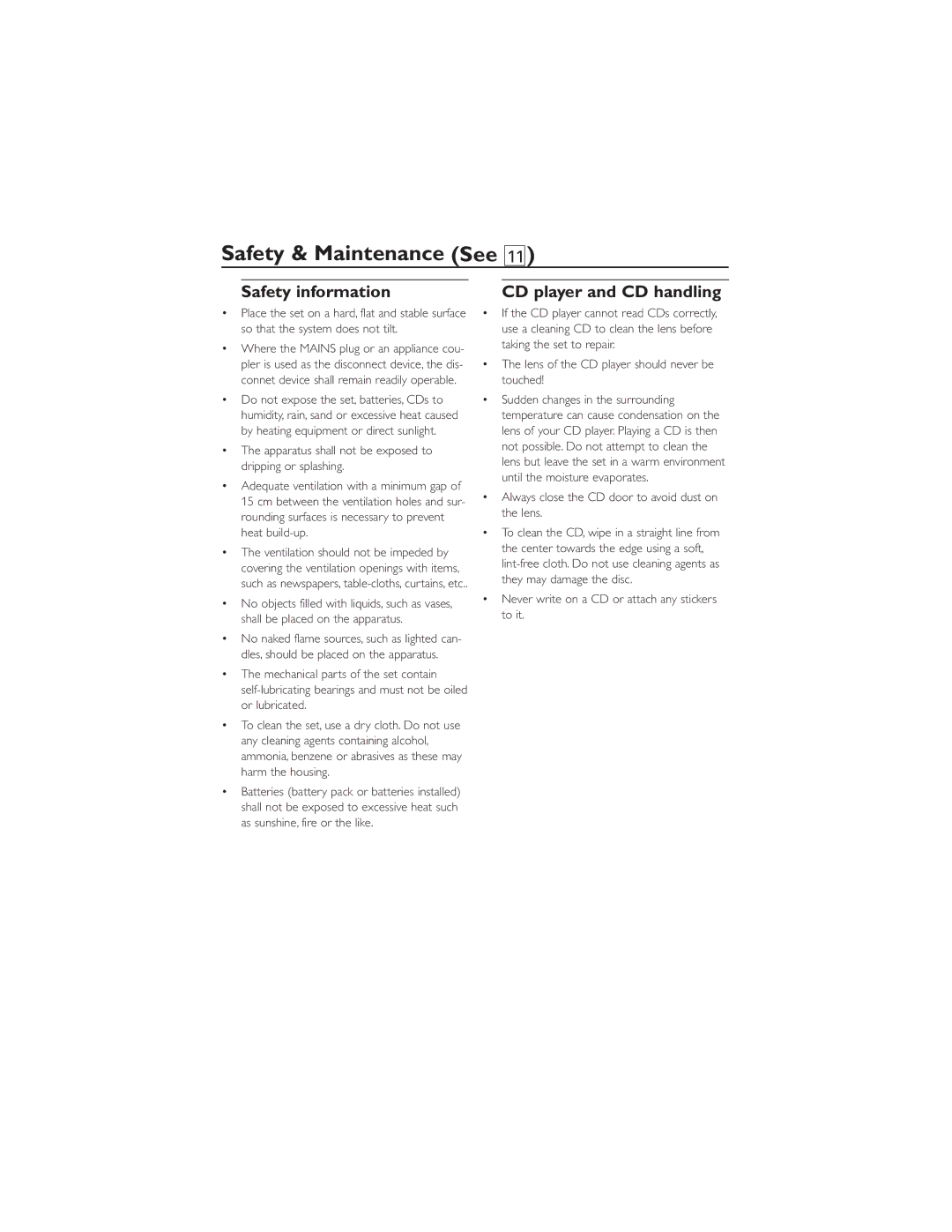 Philips AZ1836 user manual Safety & Maintenance See, Safety information, CD player and CD handling 