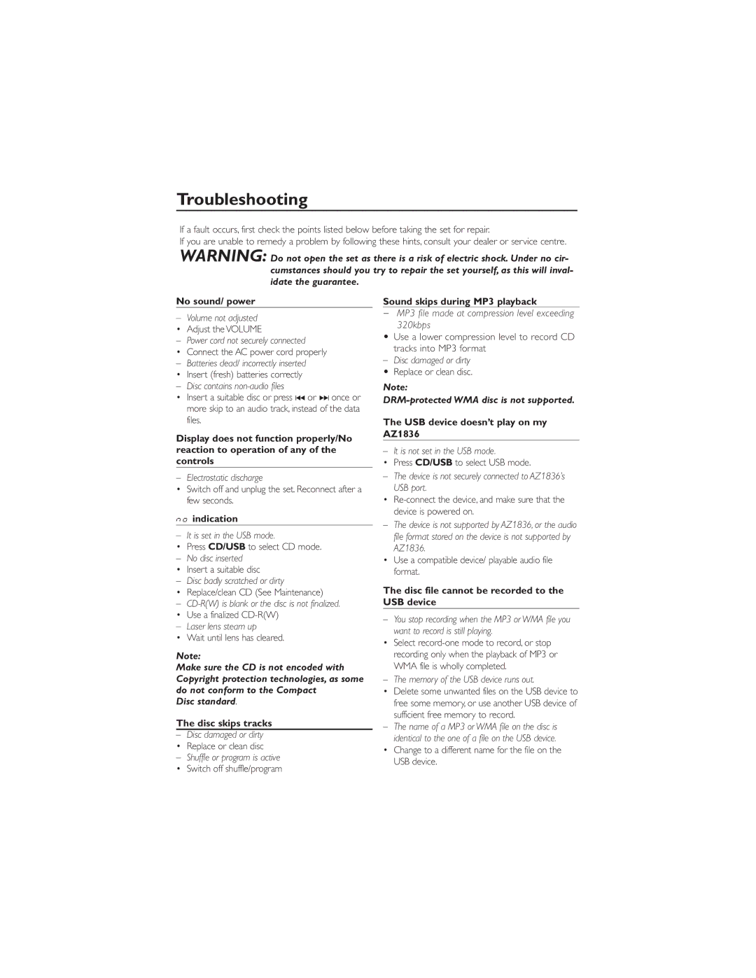 Philips AZ1836 user manual Troubleshooting, Disc standard 