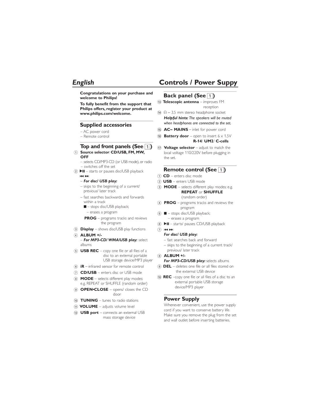 Philips AZ1836 user manual Controls / Power Suppy 