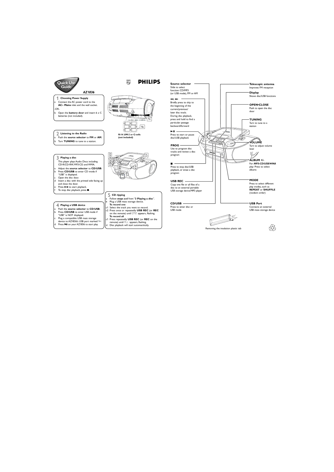 Philips AZ1836/37B manual Prog, Openclose, Tuning, Volume, Usb Rec, Cd/Usb, Album +, Mode 