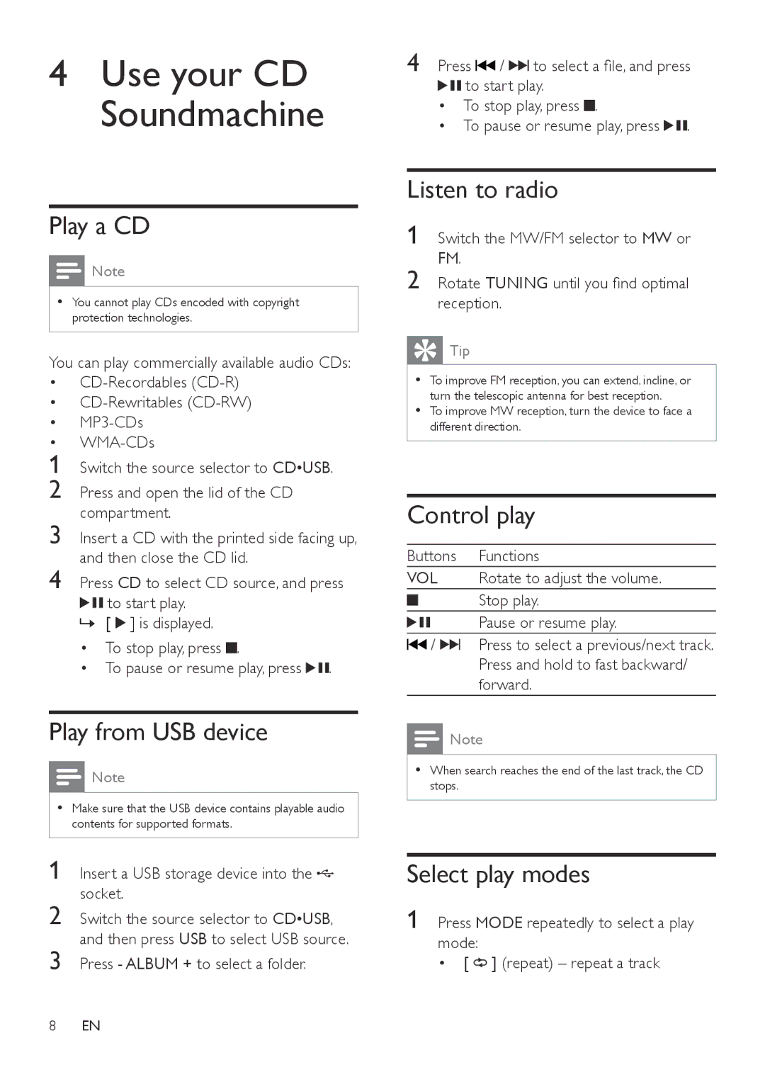 Philips AZ1837 user manual Play a CD, Play from USB device, Listen to radio, Control play, Select play modes 