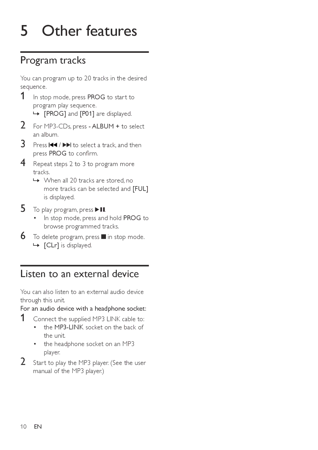 Philips AZ1837 user manual Other features, Program tracks, Listen to an external device 