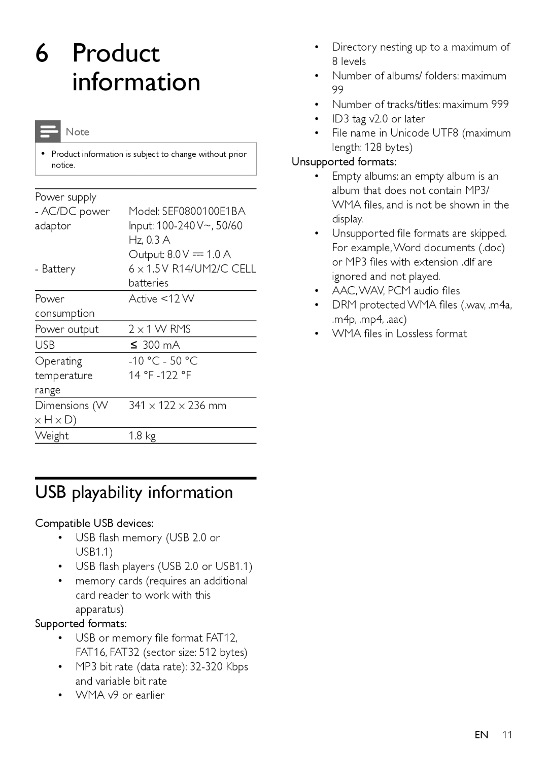 Philips AZ1837 user manual Product information, USB playability information 