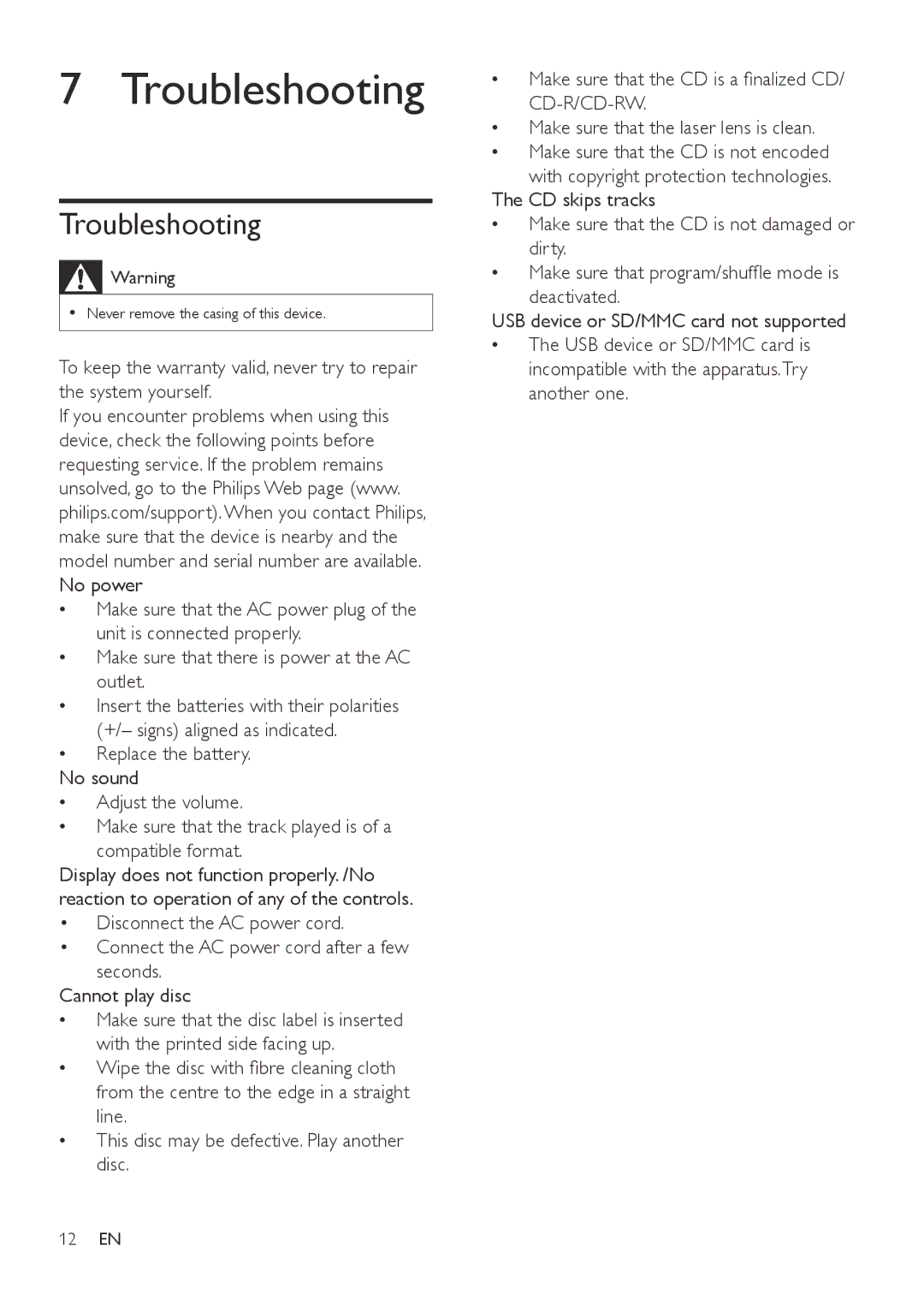 Philips AZ1837 user manual Troubleshooting 