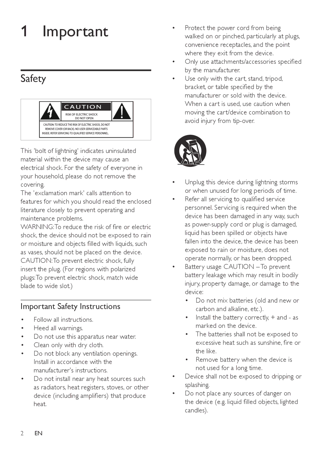 Philips AZ1837 user manual Important Safety Instructions 