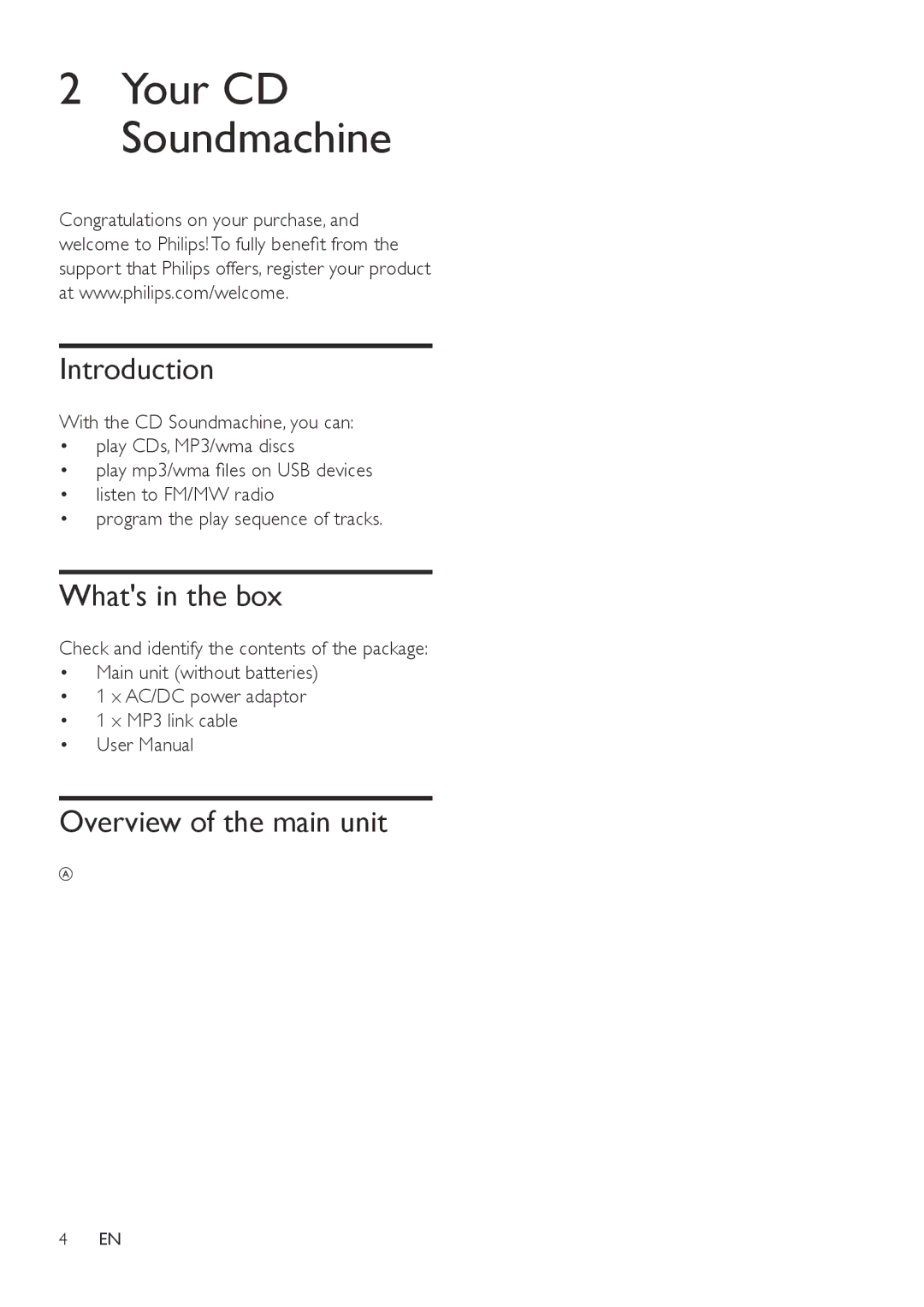 Philips AZ1837 user manual Introduction, Whats in the box, Overview of the main unit 