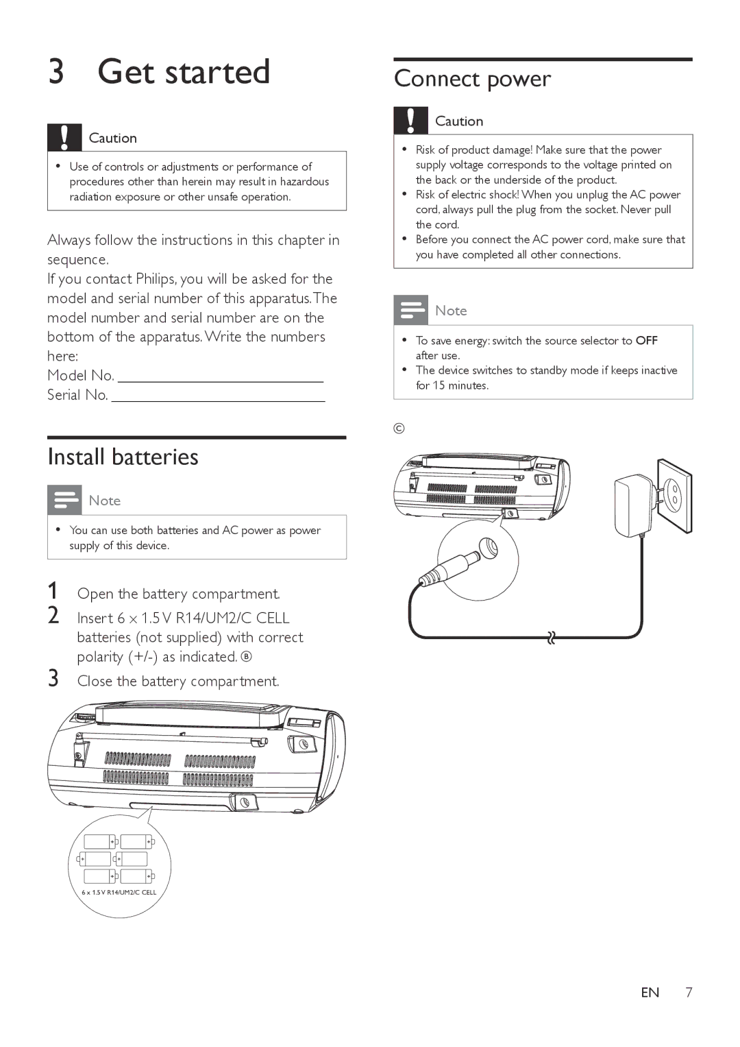 Philips AZ1837 user manual Get started, Install batteries, Connect power 