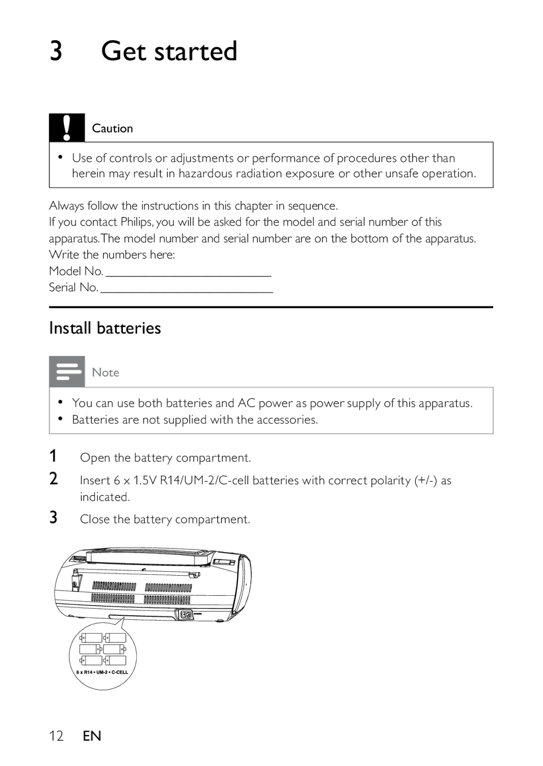 Philips AZ1837 user manual Get started, Install batteries, 12 EN 