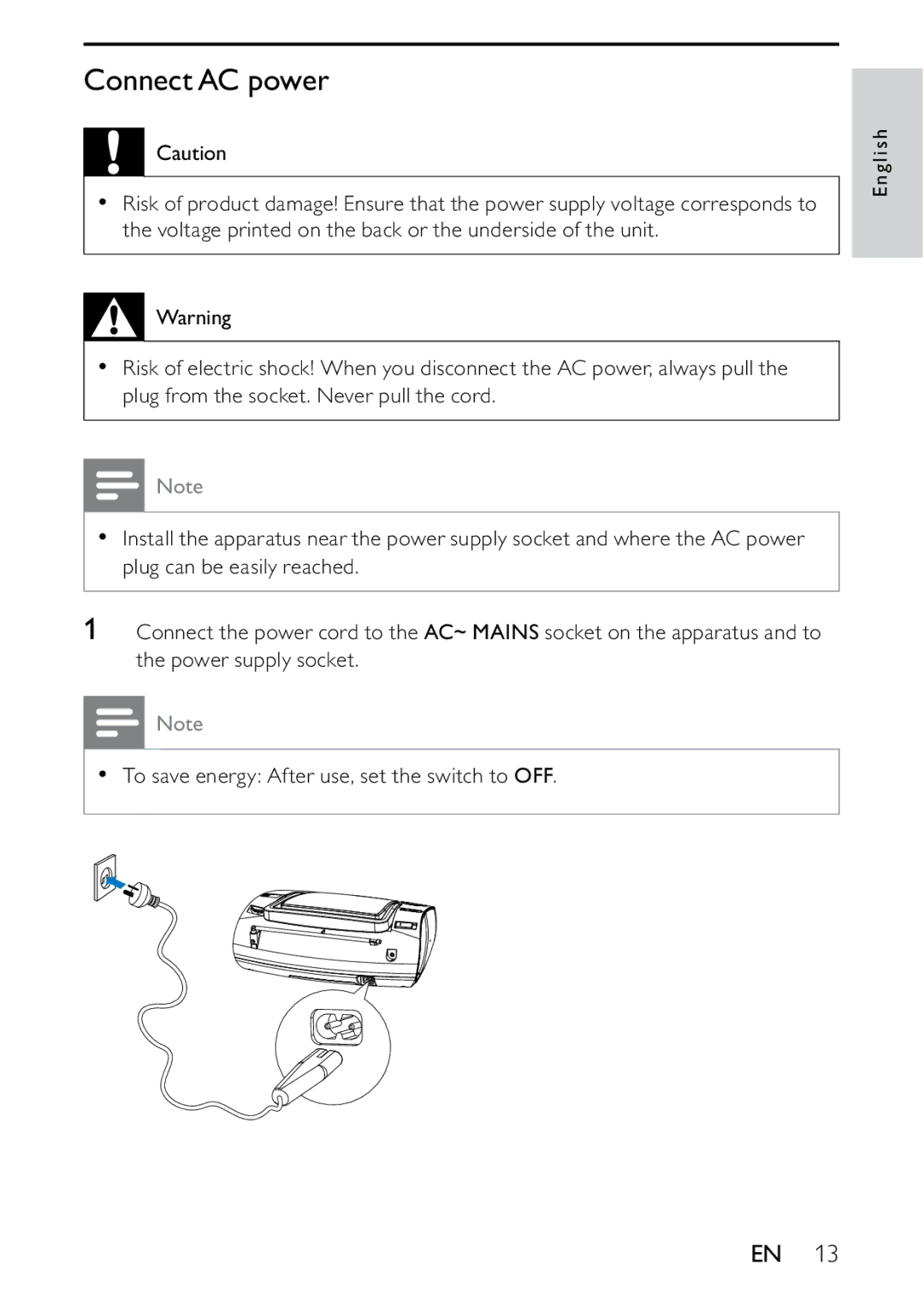 Philips AZ1837 user manual Connect AC power 