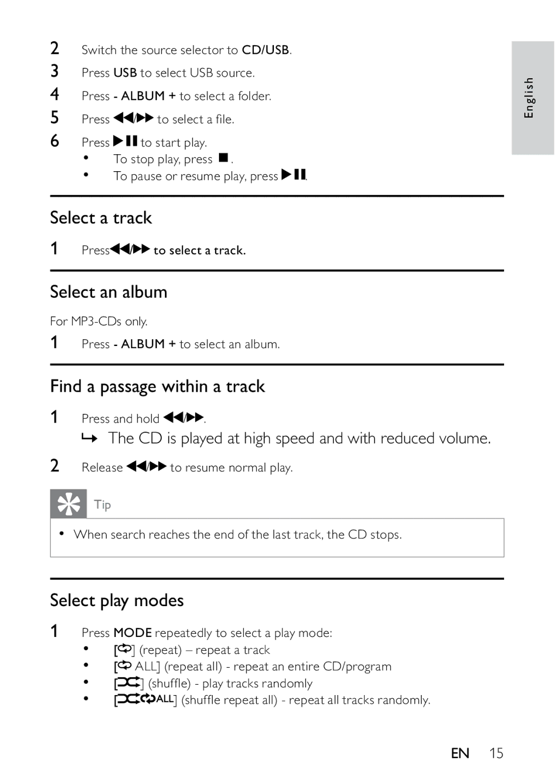 Philips AZ1837 user manual Select a track, Select an album, Find a passage within a track, Select play modes 