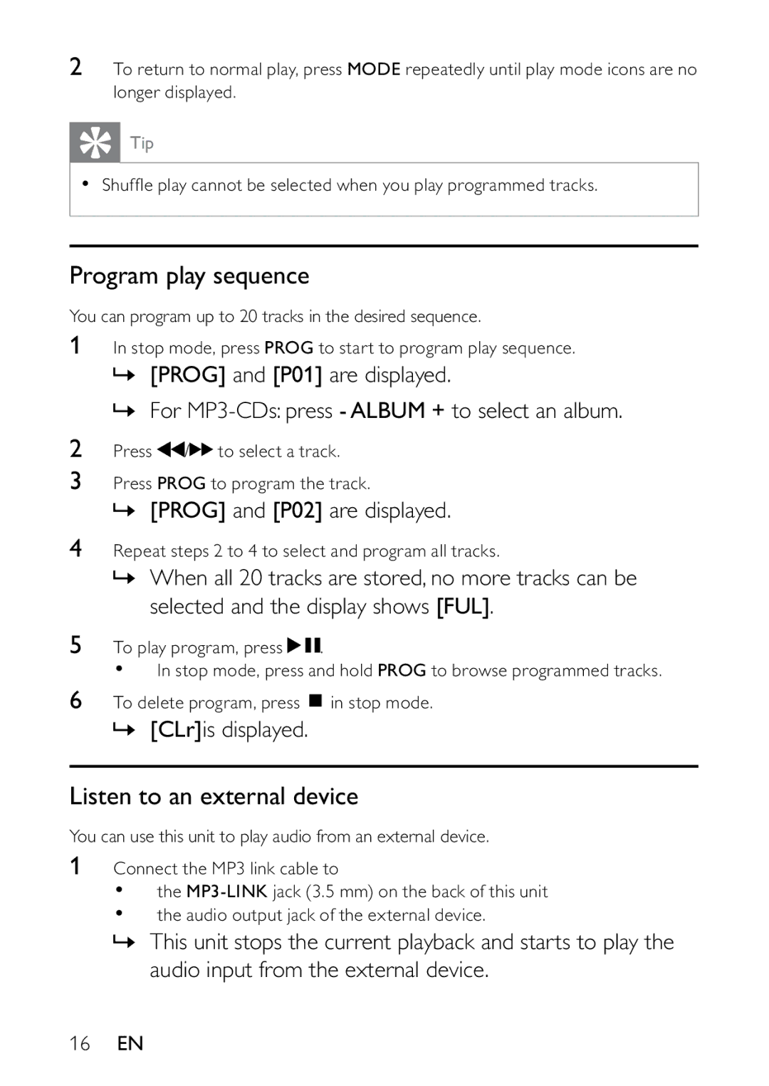 Philips AZ1837 user manual Program play sequence, Listen to an external device, 16 EN 