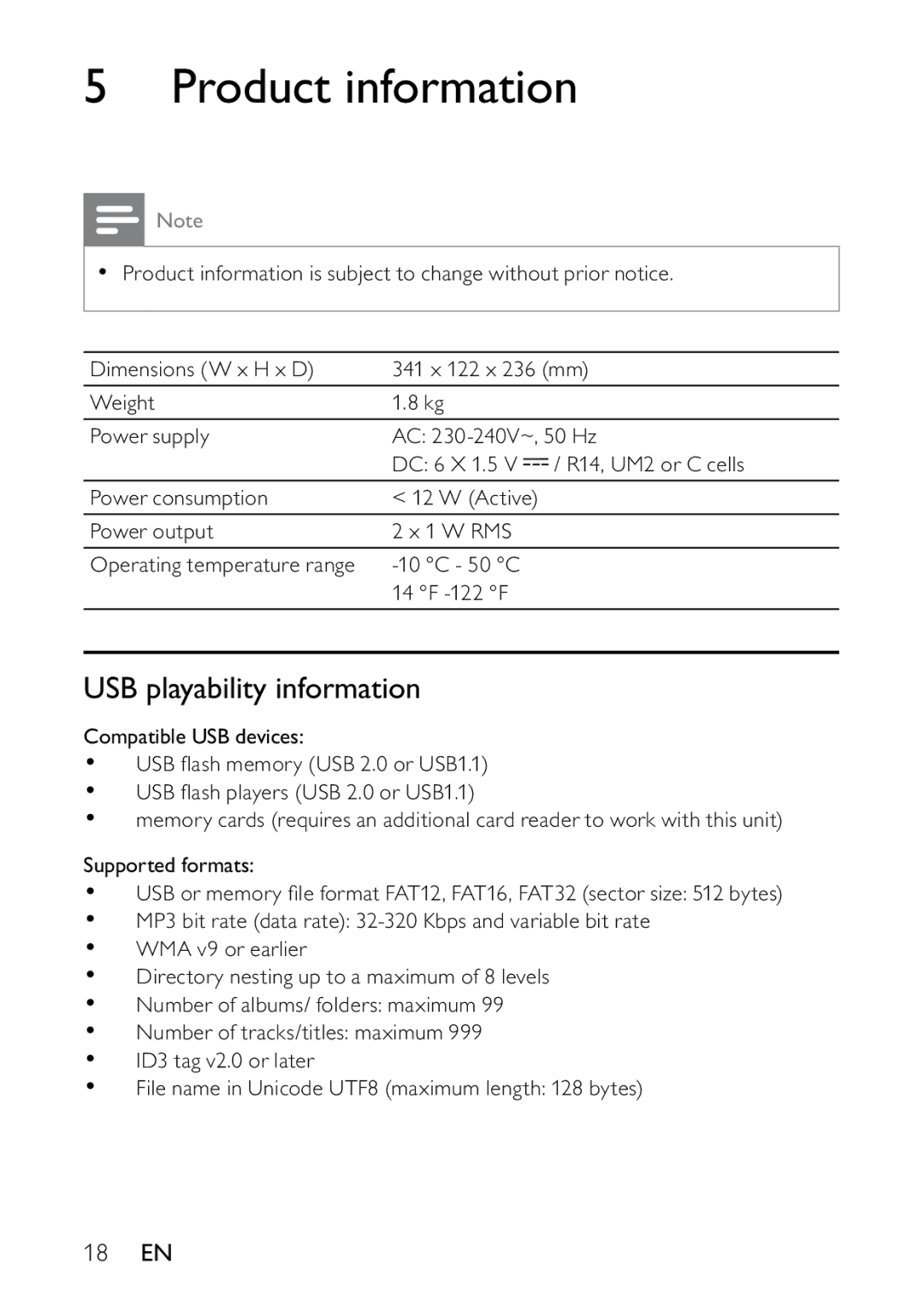 Philips AZ1837 user manual Product information, USB playability information, 18 EN 