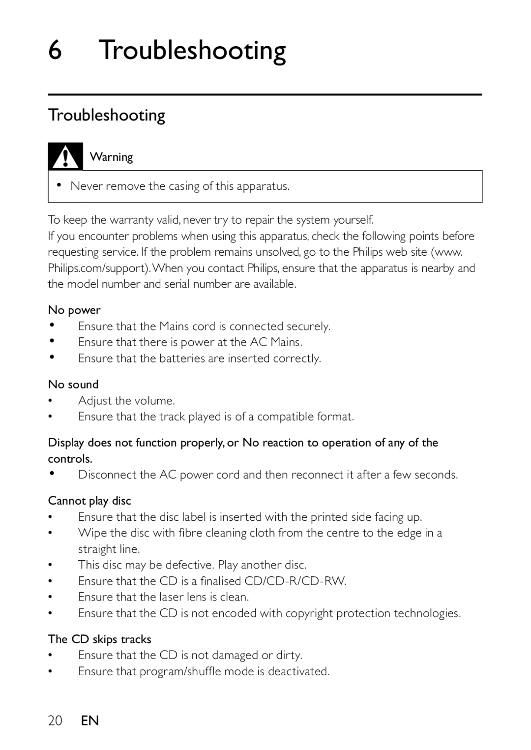 Philips AZ1837 user manual Troubleshooting, 20 EN 