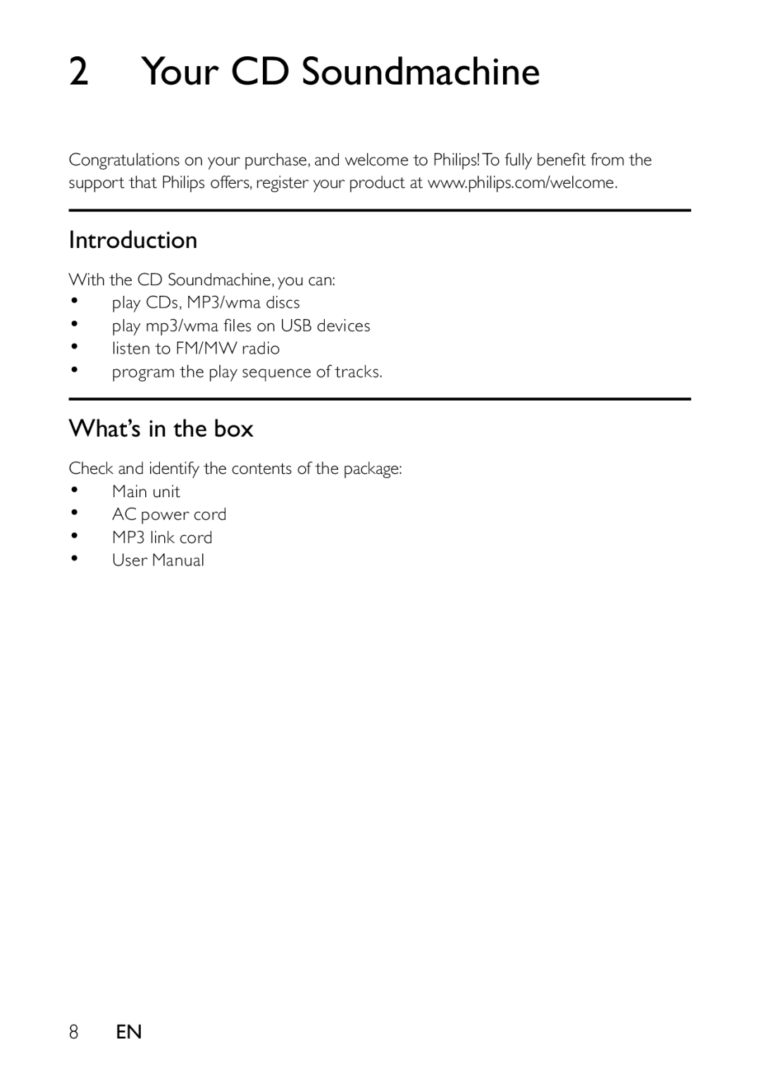 Philips AZ1837 user manual Your CD Soundmachine, Introduction, What’s in the box 