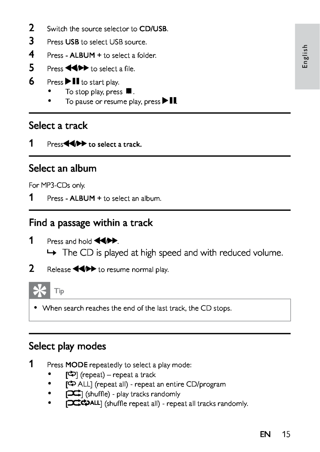 Philips AZ1837 user manual Select a track, Select an album, Find a passage within a track, Select play modes 