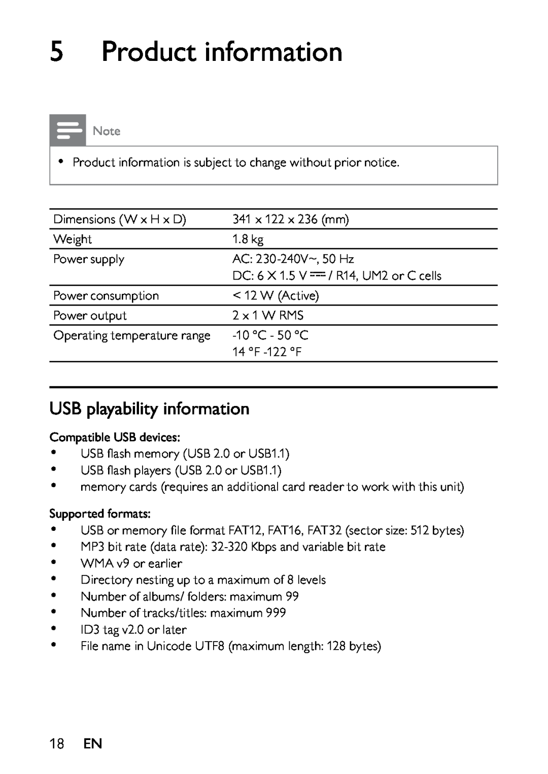 Philips AZ1837 user manual 5Product information, USB playability information, 18EN 