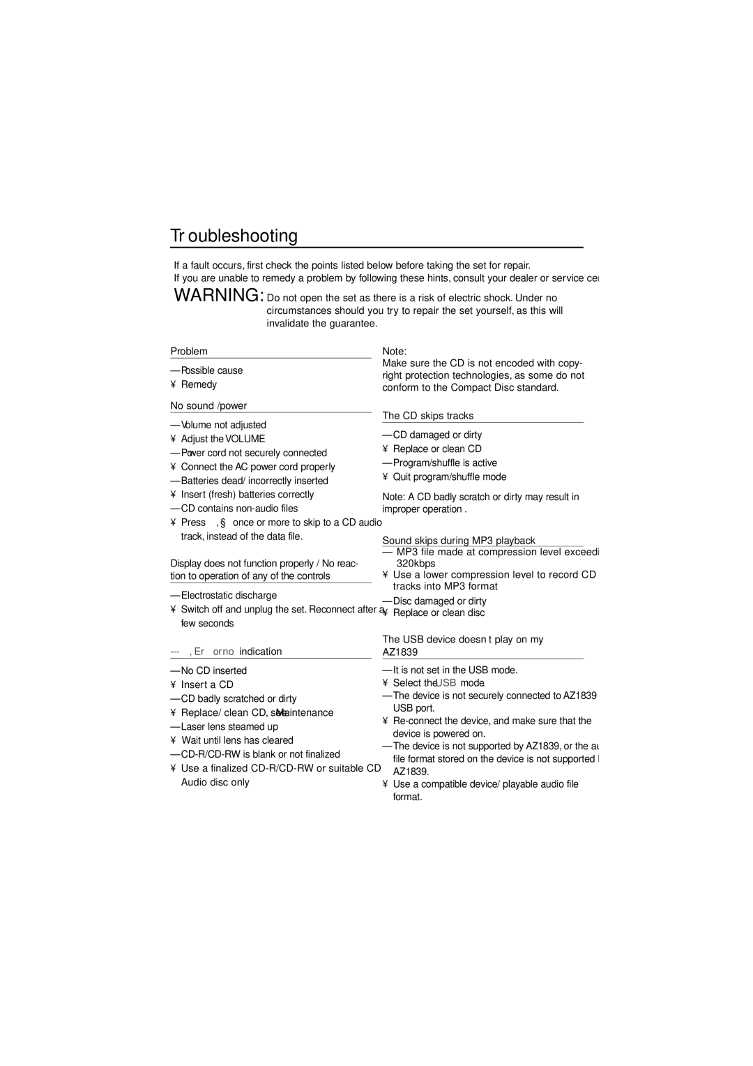 Philips AZ1839 user manual Troubleshooting, Invalidate the guarantee, Improper operation 