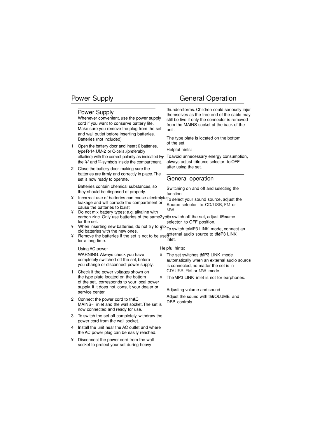 Philips AZ1839 user manual Power Supply General Operation, General operation 