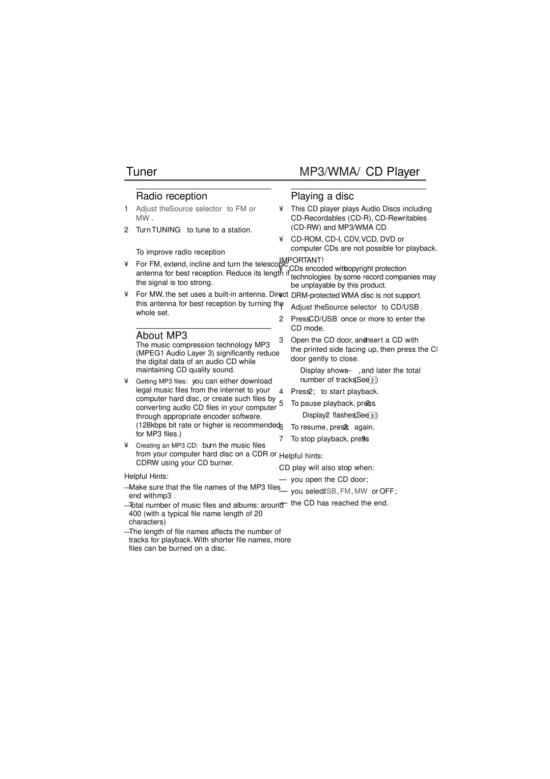 Philips AZ1839 user manual Tuner MP3/WMA/CD Player, Radio reception, About MP3, Playing a disc, To improve radio reception 