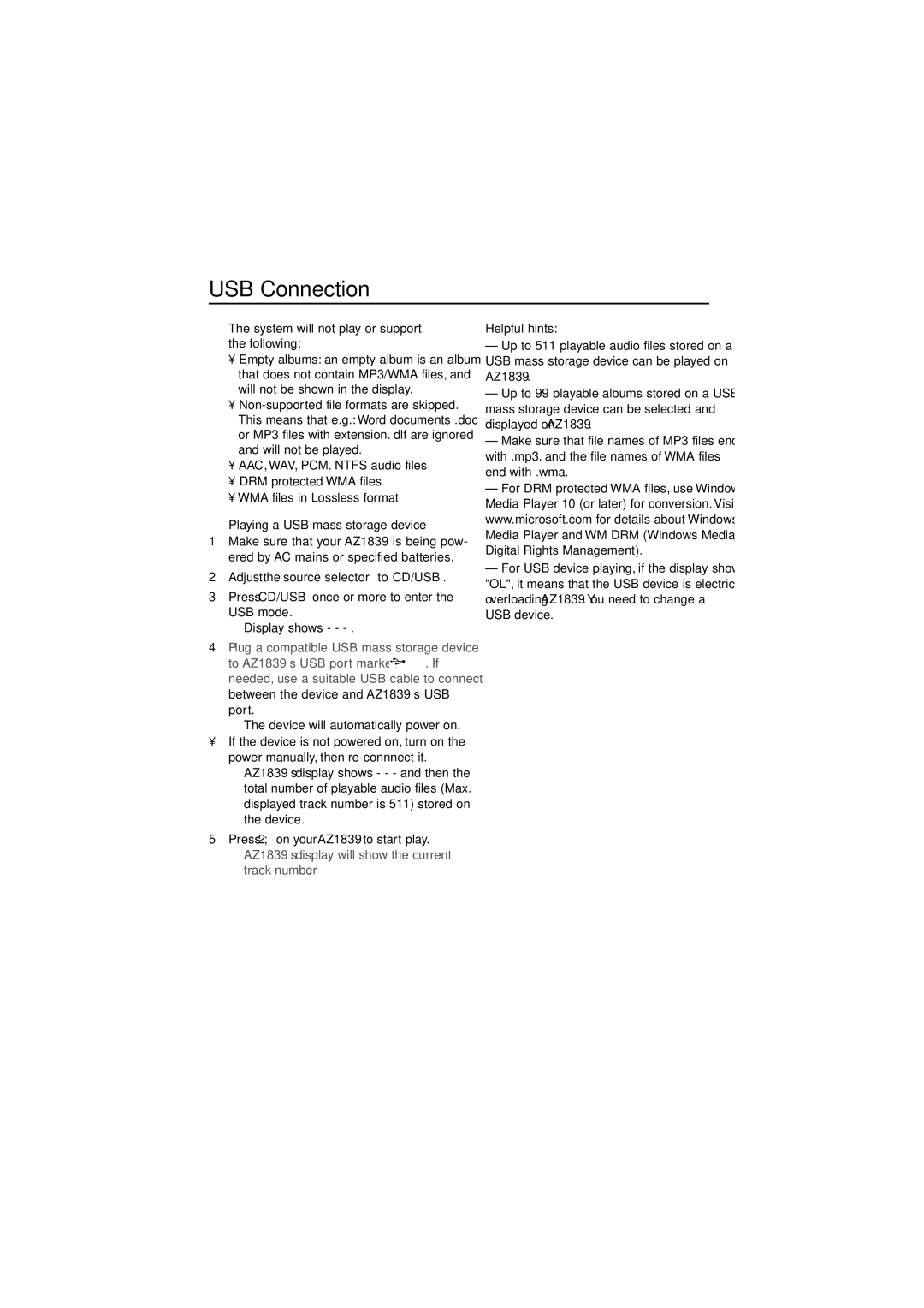 Philips AZ1839 user manual USB Connection, System will not play or support the following, Playing a USB mass storage device 