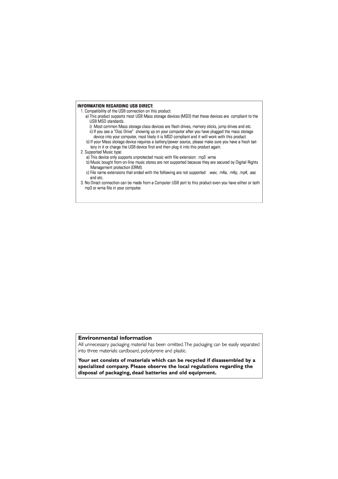 Philips AZ1839 user manual Environmental information, Information Regarding Usb Direct 